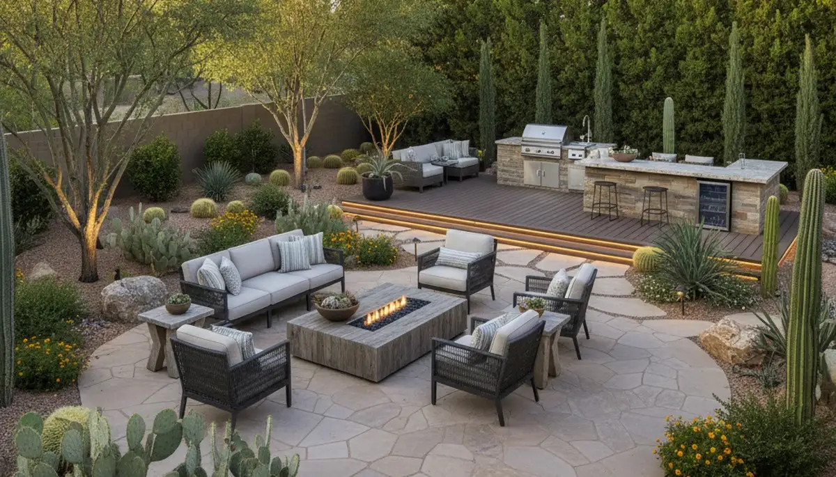 Modern backyard patio landscaping with outdoor seating and lighting in Scottsdale, AZ