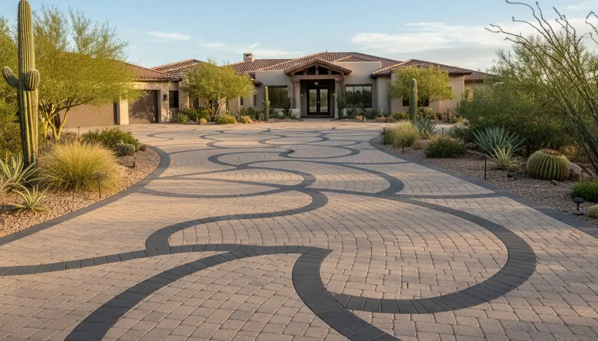 Curved paver driveway design by professional landscapers in Scottsdale, AZ enhancing residential curb appeal