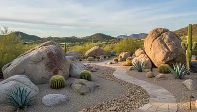 Scottsdale AZ desertscape with decorative boulders, gravel, and desert plants by Chop Chop Landscaping