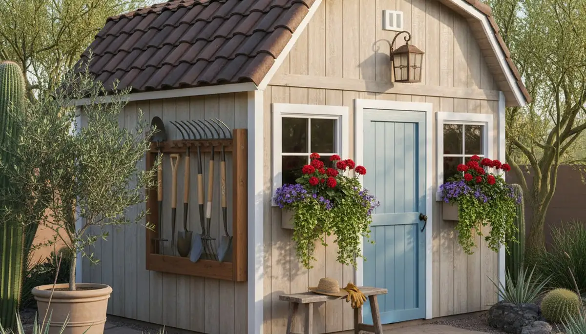 Decorative garden shed with desert landscaping in Scottsdale, AZ by Chop Chop Landscaping
