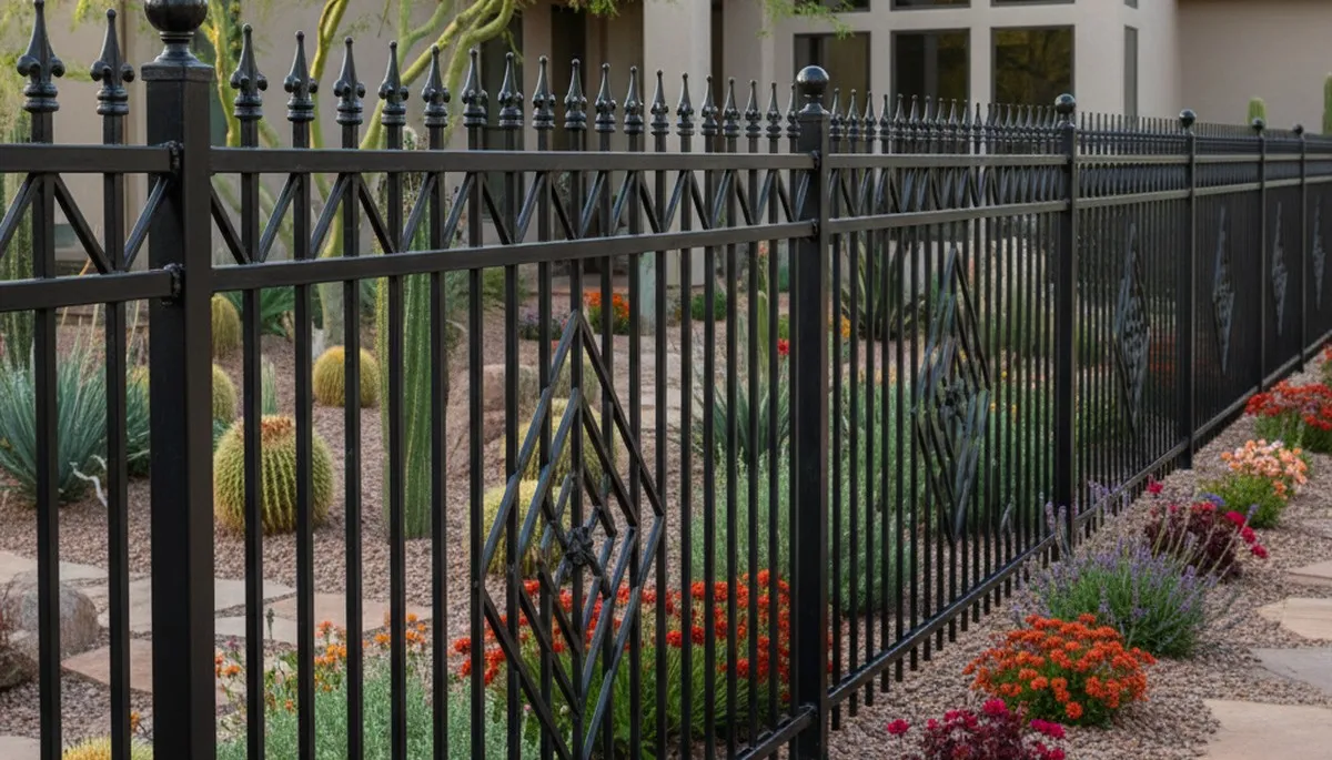 Ornamental black metal fence installation by Chop Chop Landscaping in Scottsdale, AZ