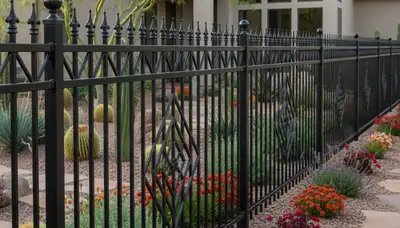 Ornamental black metal fence installation by Chop Chop Landscaping in Scottsdale, AZ