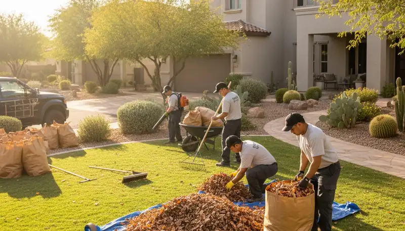 Technicians performing fall leaf removal and yard clean up in Scottsdale, AZ residential landscape