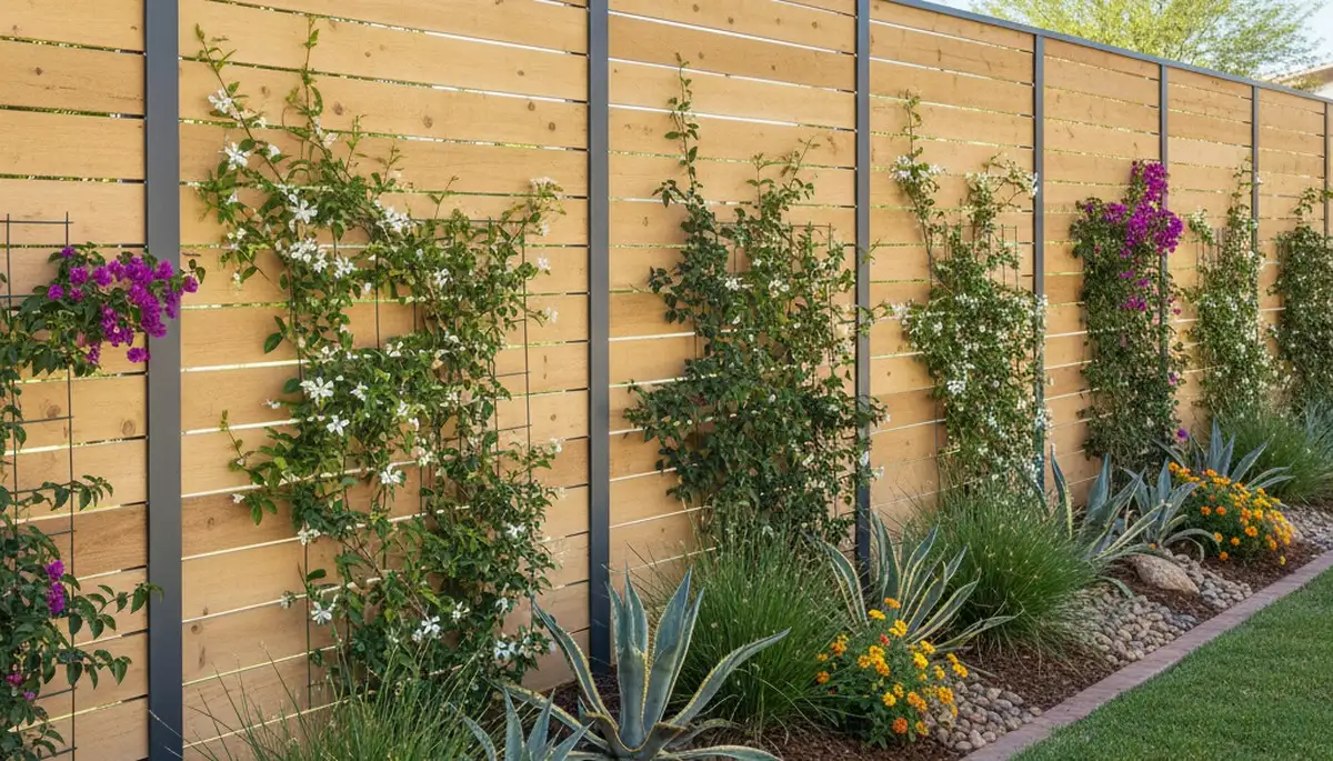 Fence with integrated plantings and desert landscaping design in Scottsdale, AZ yard