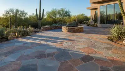 Flagstone patio installation with natural stone pavers by Chop Chop Landscaping in Scottsdale, AZ