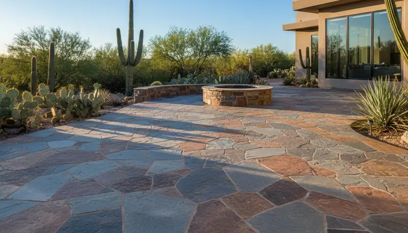Flagstone patio installation with natural stone pavers by Chop Chop Landscaping in Scottsdale, AZ