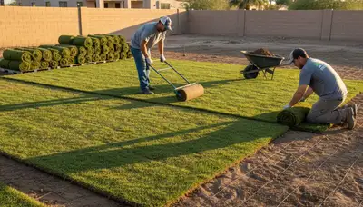 Professional sod installation with fresh turf rolls laid on prepared soil in Scottsdale, Arizona