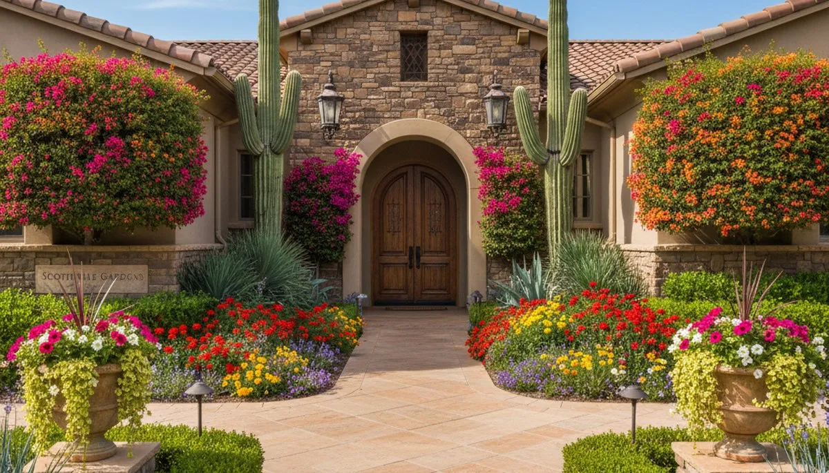 Front yard landscaping with colorful plants and shrubs enhancing curb appeal in Scottsdale, AZ