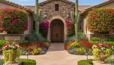 Front yard landscaping with colorful plants and shrubs enhancing curb appeal in Scottsdale, AZ