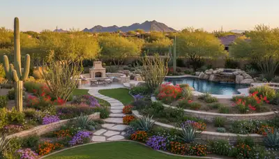 Full property landscape transformation with lawn, hardscape, and desert plants in Scottsdale, AZ