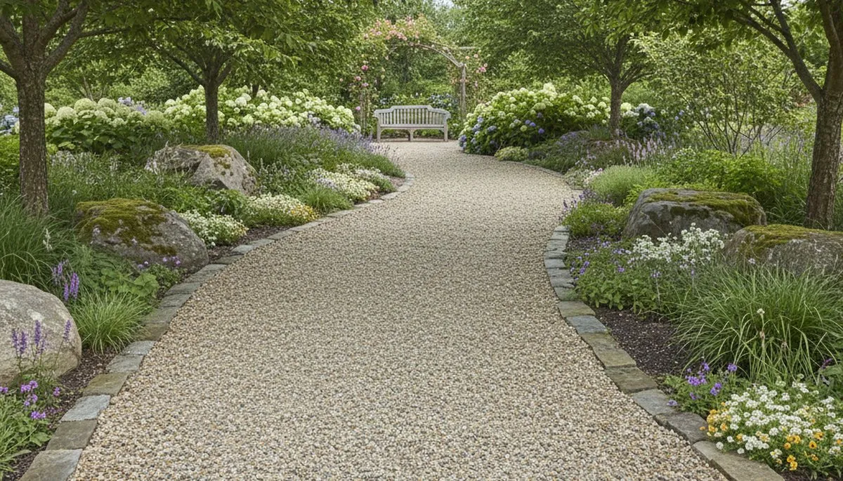 Pea gravel garden pathway installation showcasing desert landscaping in Scottsdale, AZ