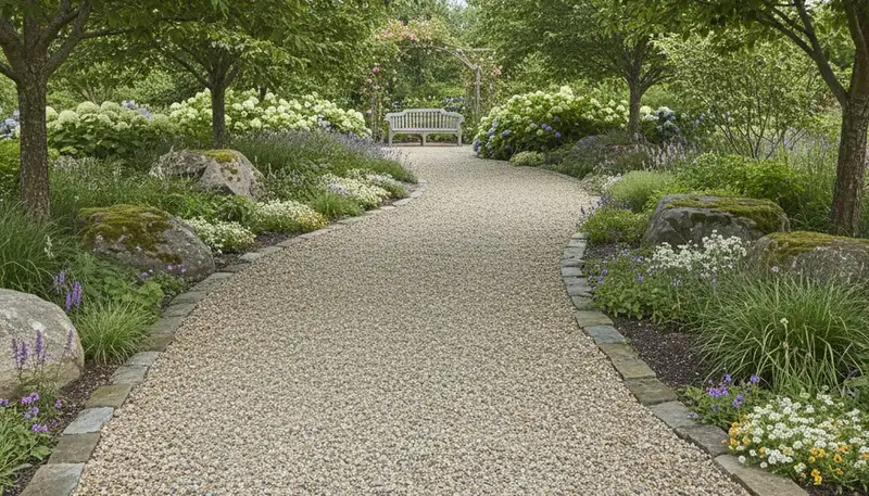 Pea gravel garden pathway installation showcasing desert landscaping in Scottsdale, AZ