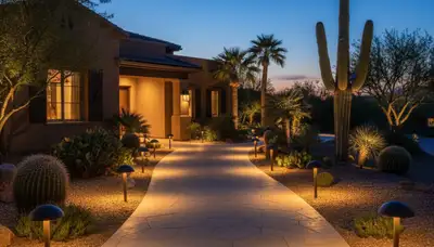 Illuminated walkway with professional landscape lighting at dusk in Scottsdale, AZ