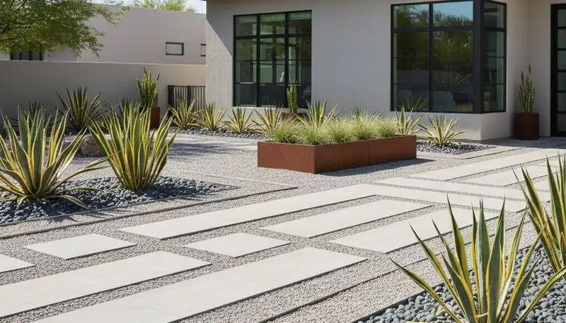 Modern minimalist pea gravel landscape design in Scottsdale, AZ by Chop Chop Landscaping