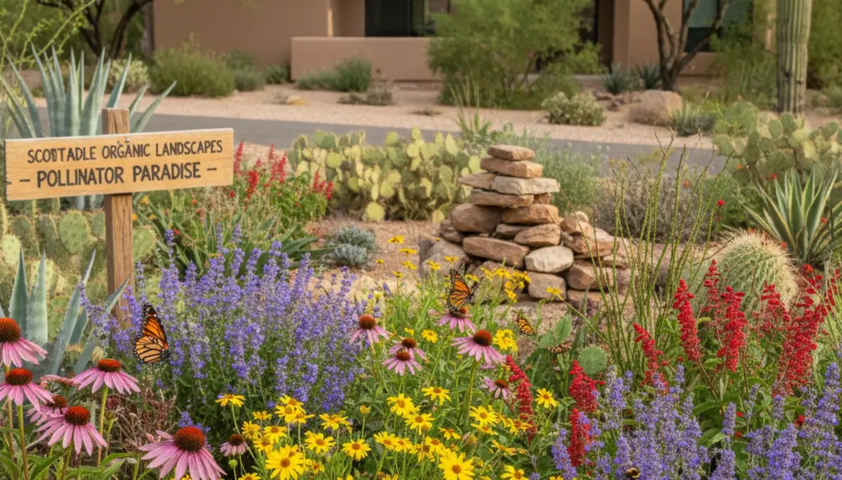 Native pollinator garden with desert blooms and butterflies by organic landscapers in Scottsdale, AZ