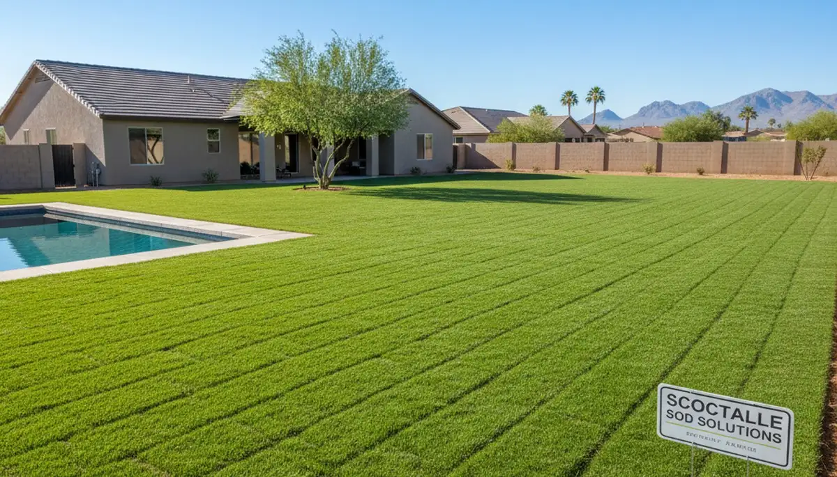 Freshly installed green sod lawn showing instant landscape transformation in Scottsdale, AZ
