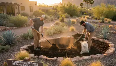 Applying organic compost and natural soil amendments in Scottsdale, AZ landscaping beds