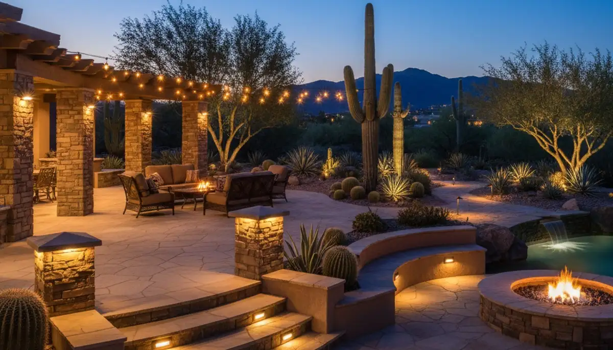 Outdoor patio lighting design with step and post lights by landscaping experts in Scottsdale, AZ