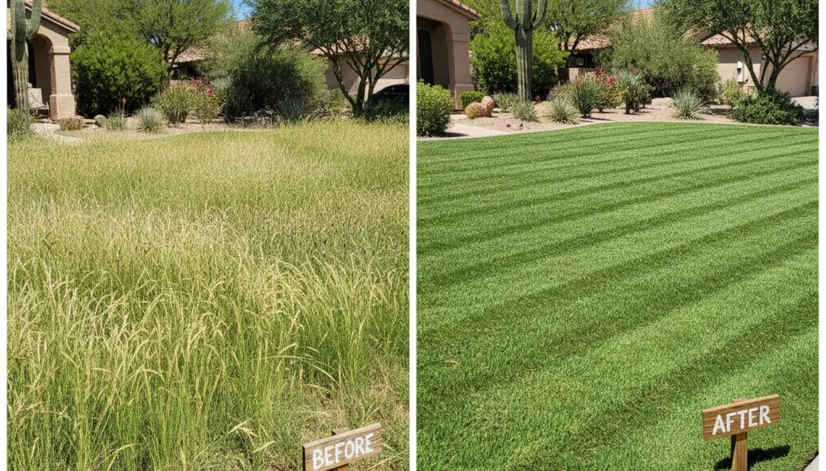 Before and after lawn mowing showing overgrown to manicured yard by landscapers in Scottsdale, AZ