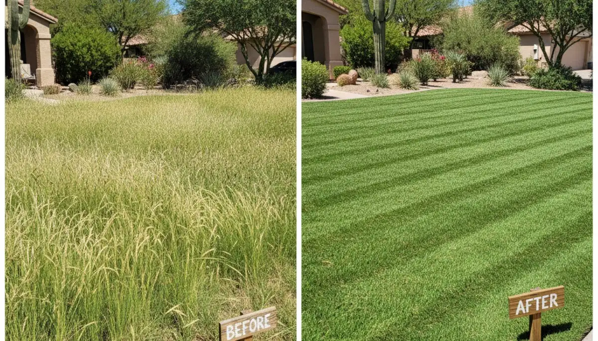 Before and after lawn mowing showing overgrown to manicured yard by landscapers in Scottsdale, AZ