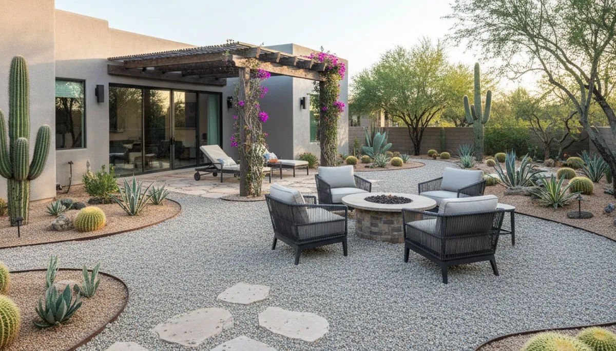 Pea gravel patio installation in Scottsdale, AZ with defined borders and outdoor furniture setup