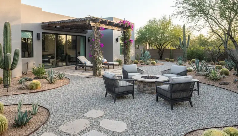 Pea gravel patio installation in Scottsdale, AZ with defined borders and outdoor furniture setup