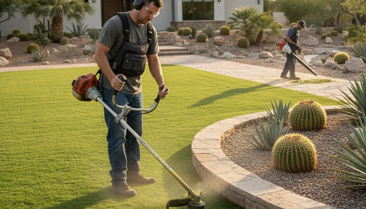 Technician edging lawn with string trimmer during precision lawn maintenance in Scottsdale, AZ