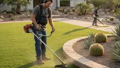 Technician edging lawn with string trimmer during precision lawn maintenance in Scottsdale, AZ