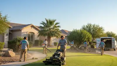 Professional lawn care crew mowing and trimming a Scottsdale AZ yard for Chop Chop Landscaping