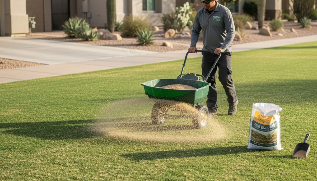 Technician applying lawn fertilizer with broadcast spreader in Scottsdale AZ for Chop Chop Landscaping