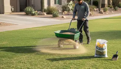 Technician applying lawn fertilizer with broadcast spreader in Scottsdale AZ for Chop Chop Landscaping