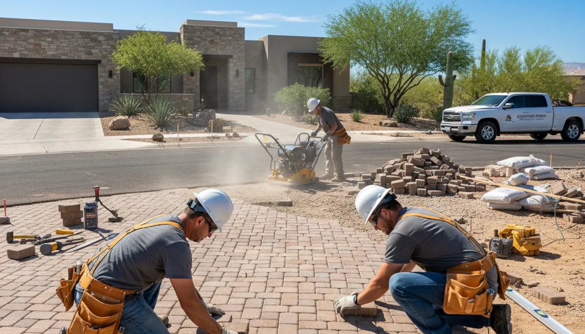 Professional crew installing driveway pavers in Scottsdale, AZ showcasing expert landscaping craftsmanship