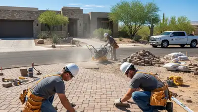 Professional crew installing driveway pavers in Scottsdale, AZ showcasing expert landscaping craftsmanship