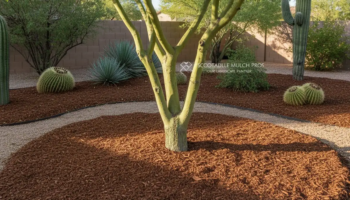 Professional circular mulch ring around tree base in Scottsdale, AZ landscape by Chop Chop Landscaping