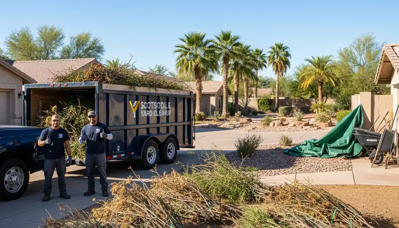 Professional yard cleanup and debris hauling by landscapers in Scottsdale, AZ