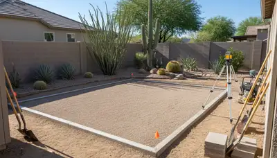 Professional shed base preparation and foundation installation in Scottsdale, AZ landscaping project