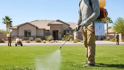 Technician applying targeted weed control on Scottsdale AZ lawn with pro sprayer and safety gear