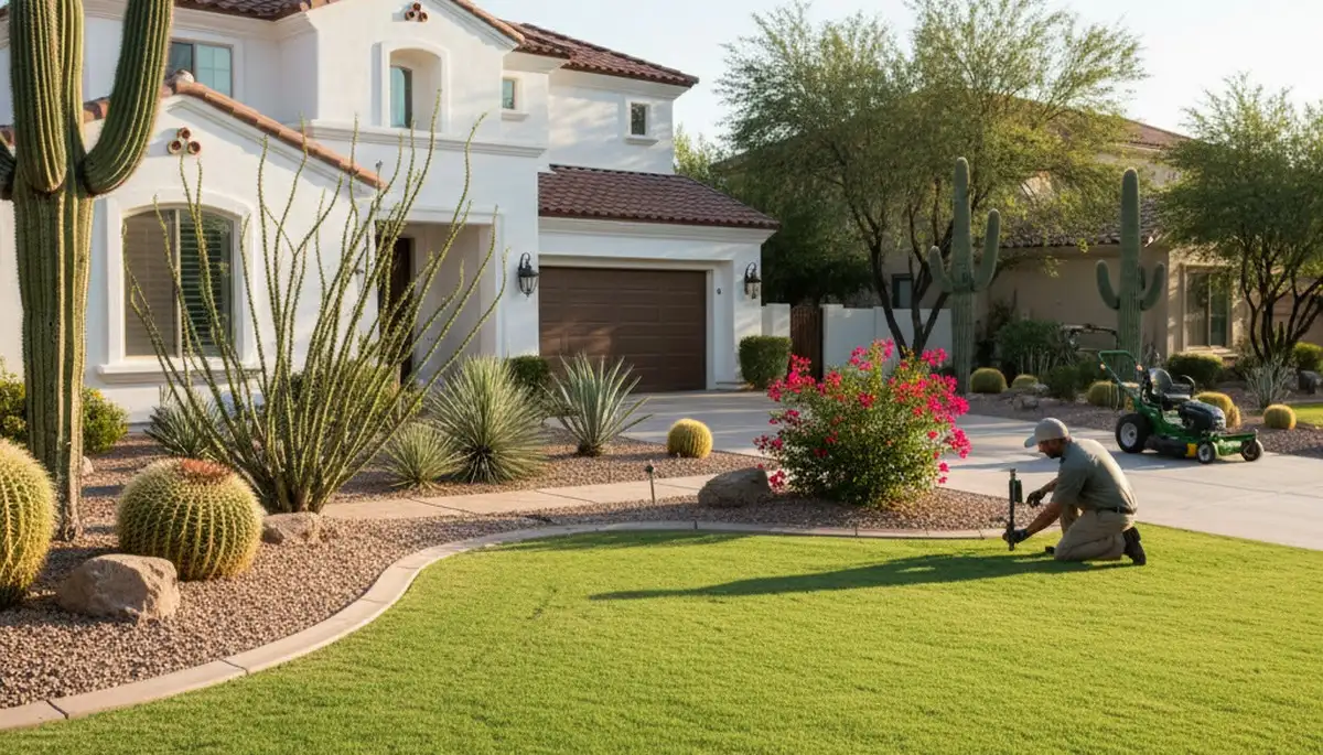 Lush green lawn and manicured landscape at Scottsdale AZ home by Chop Chop Landscaping